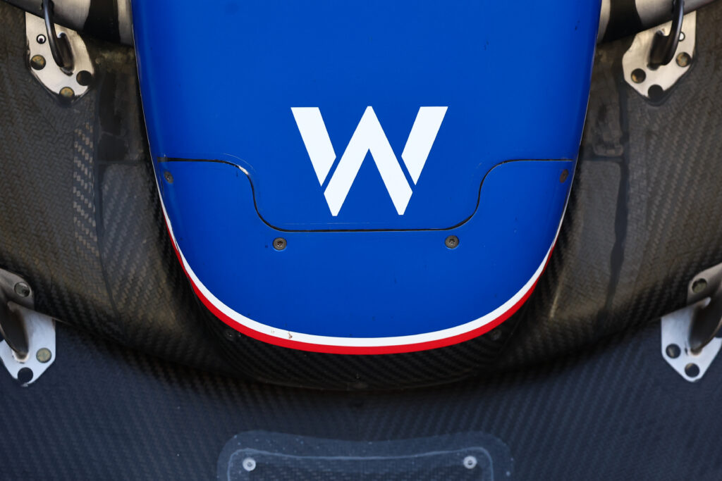 The Williams logo seen on the FW46 during testing in Abu Dhabi in 2024