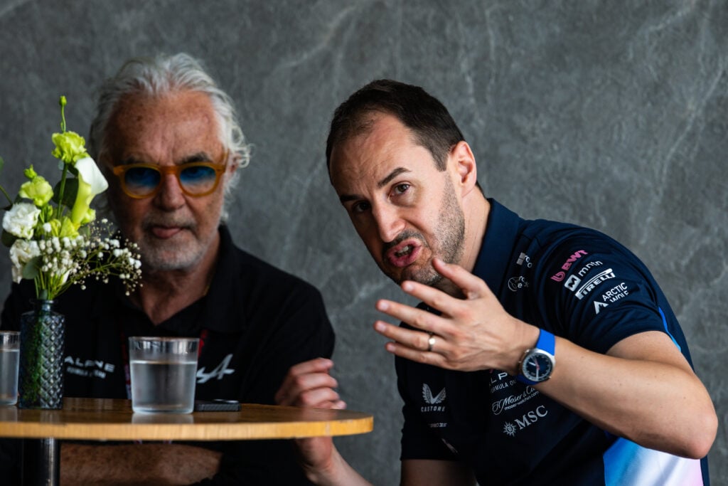 Alpine executive adviser Flavio Briatore and former team principal Oliver Oakes in the 2025 F1 Saudi Arabian Grand Prix paddock