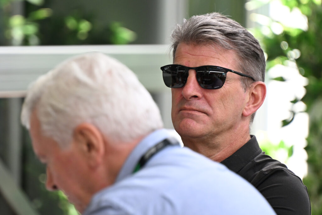 Cadillac team principal Graeme Lowdon and engineering consultant Pat Symonds in the 2025 F1 Miami Grand Prix paddock