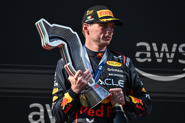 Max Verstappen of Red Bull celebrates on the podium
