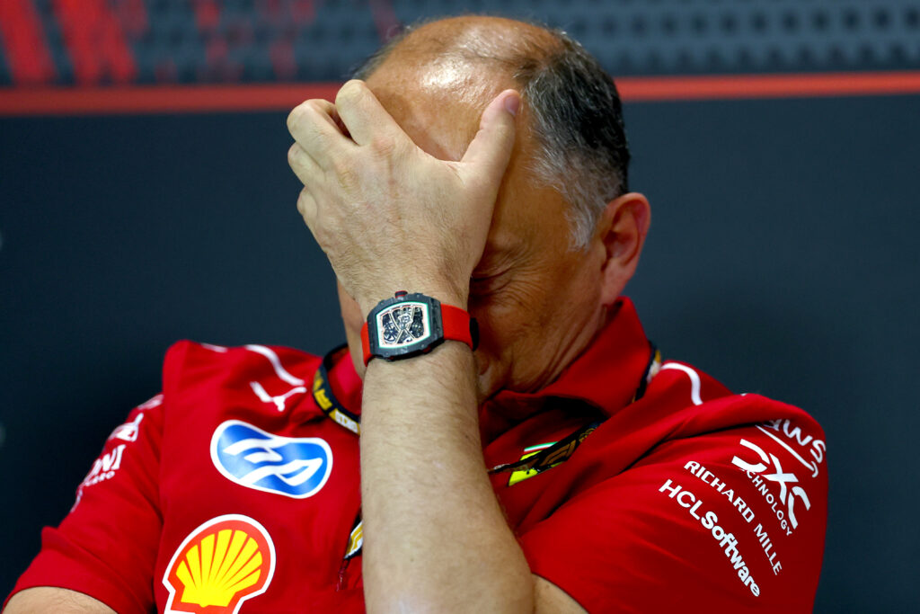 Ferrari team principal Fred Vasseur in a press conference at the 2025 F1 Emilia Romagna Grand Prix at Imola