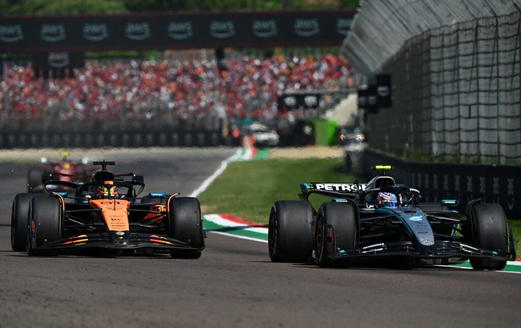 McLaren driver Oscar Piastri racing against Mercedes driver Andrea Kimi Antonelli at the 2025 F1 Emilia Romagna Grand Prix
