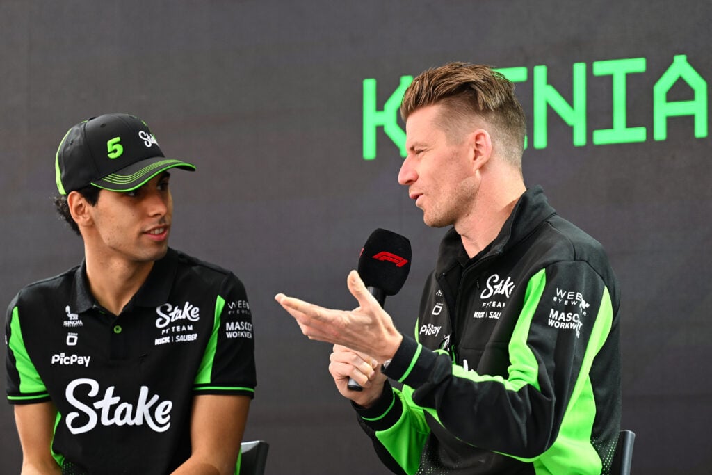 Sauber driver Nico Hulkenberg being interviewed alongside Gabriel Bortoleto at the 2025 F1 Monaco Grand Prix