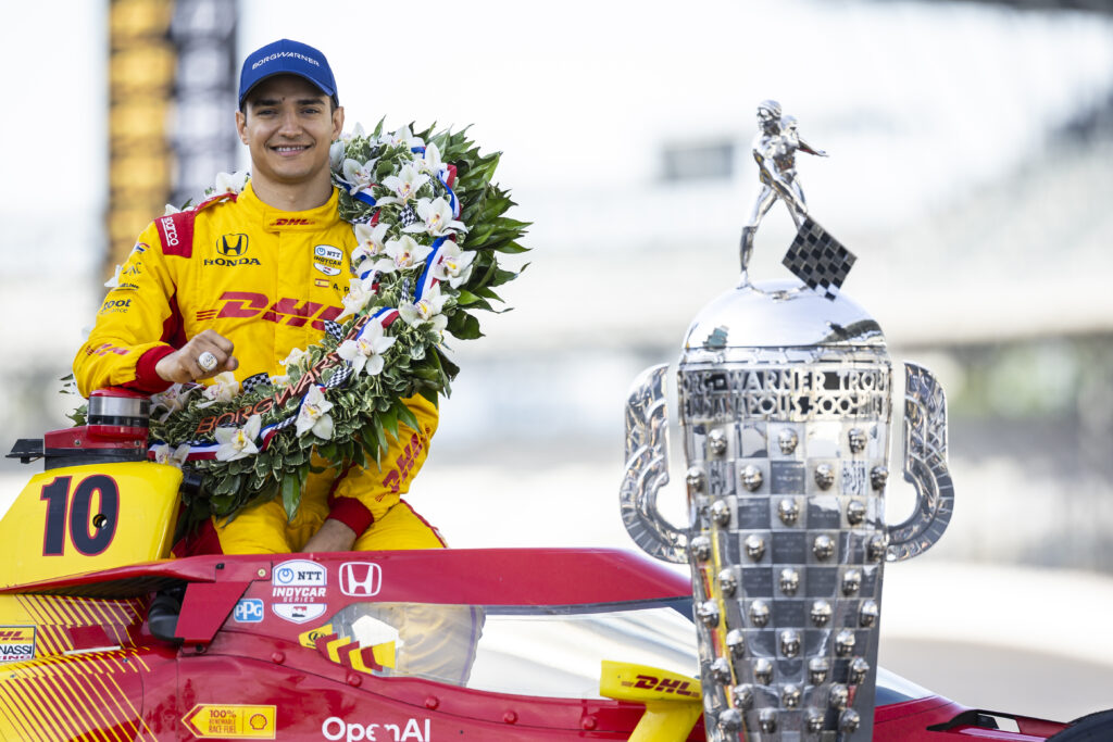 Chip Ganassi Racing driver Alex Palou celebrates winning the 2025 Indy 500