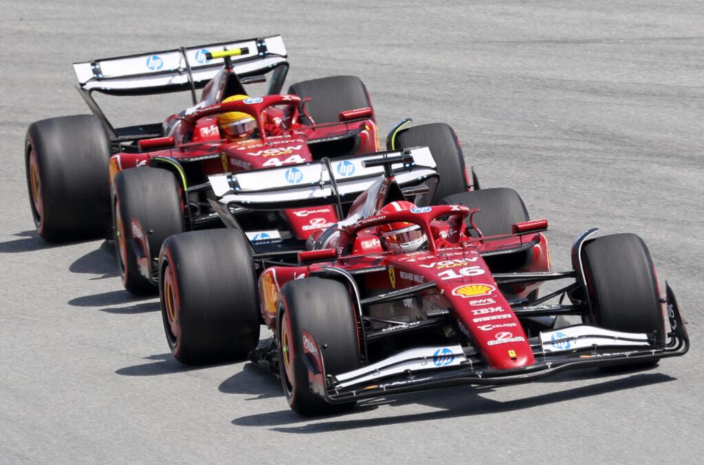 Ferrari drivers Charles Leclerc and Lewis Hamilton at the 2025 Spanish Grand Prix