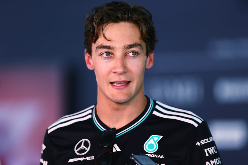 George Russell looking on during practice at the 2025 Spanish Grand Prix