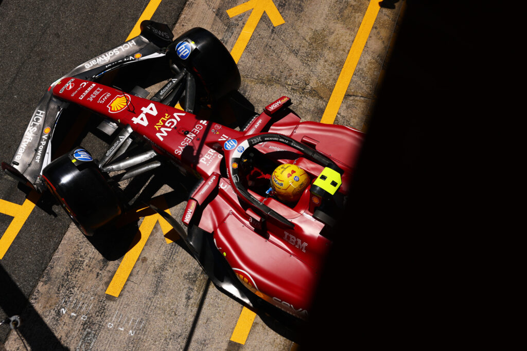 Lewis Hamilton leaves the Ferrari garage during FP3 for the 2025 F1 Spanish Grand Prix