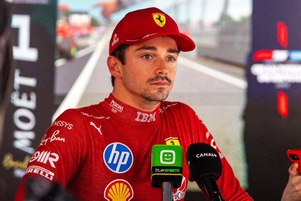 Ferrari driver Charles Leclerc speaks to the media after qualifying for the 2025 F1 Spanish Grand Prix