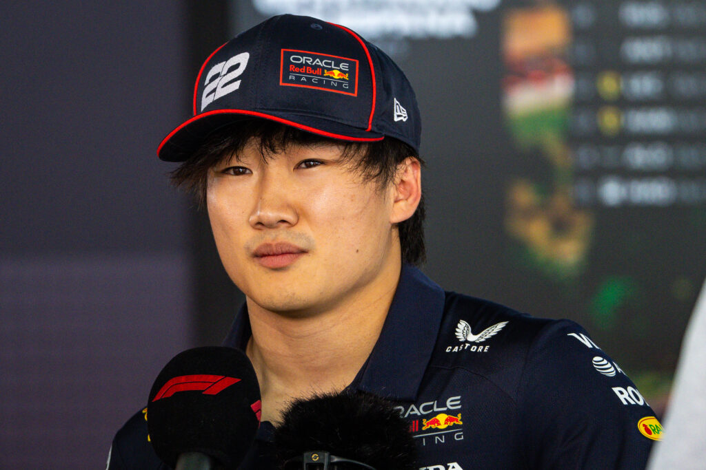 Red Bull driver Yuki Tsunoda speaks to the media after qualifying for the 2025 F1 Spanish Grand Prix