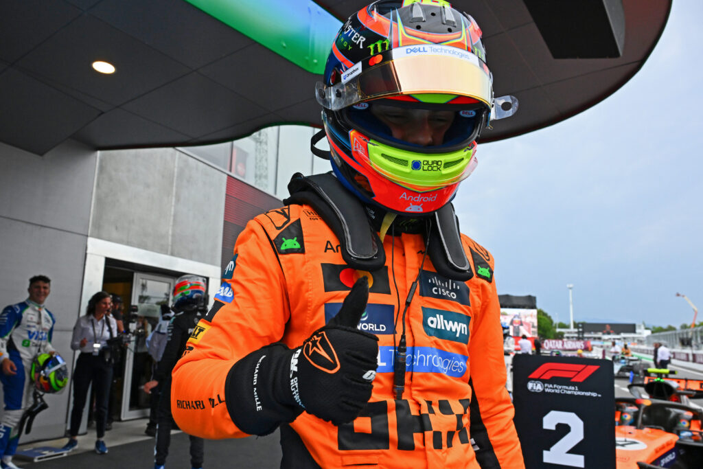 McLaren driver Oscar Piastri celebrates pole position for the 2025 F1 Spanish Grand Prix