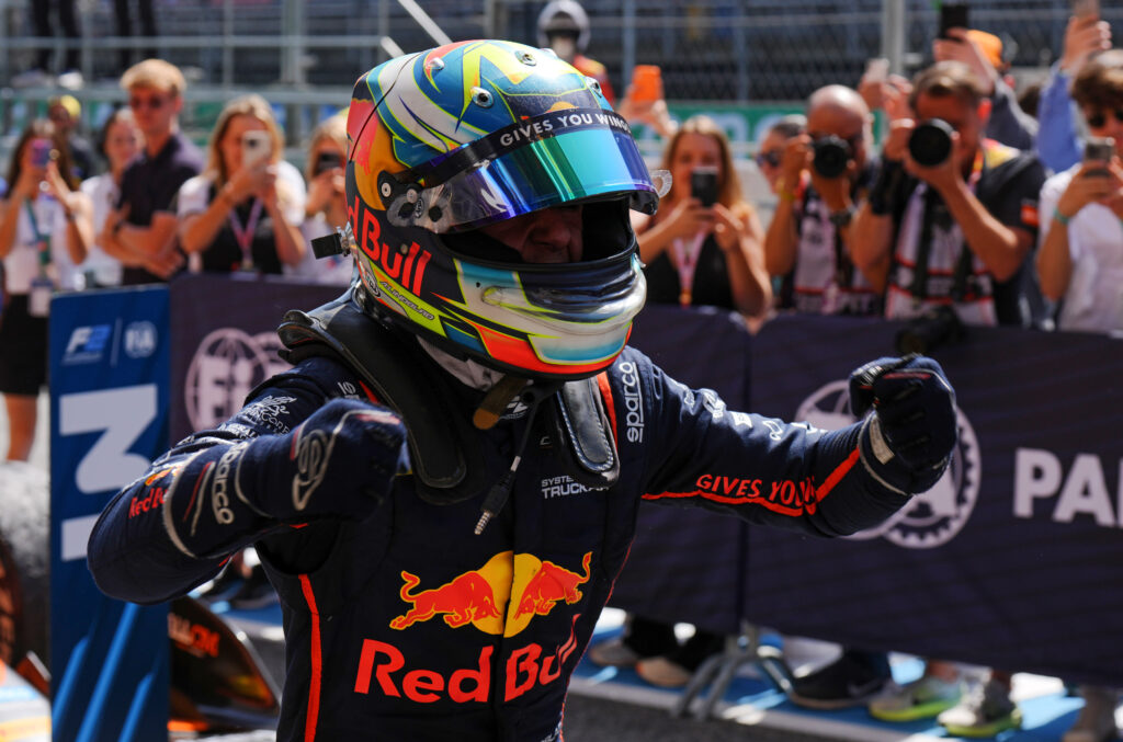 Red Bull Racing junior driver Arvid Lindblad celebrating winning the 2025 Formula 2 Spanish Grand Prix Feature Race