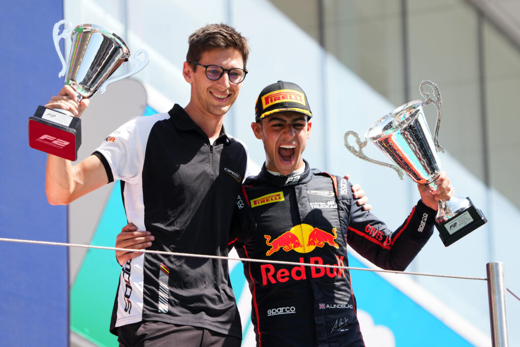 Red Bull junior driver Arvid Lindblad celebrates winning the 2025 F2 Feature Race at the Spanish Grand Prix