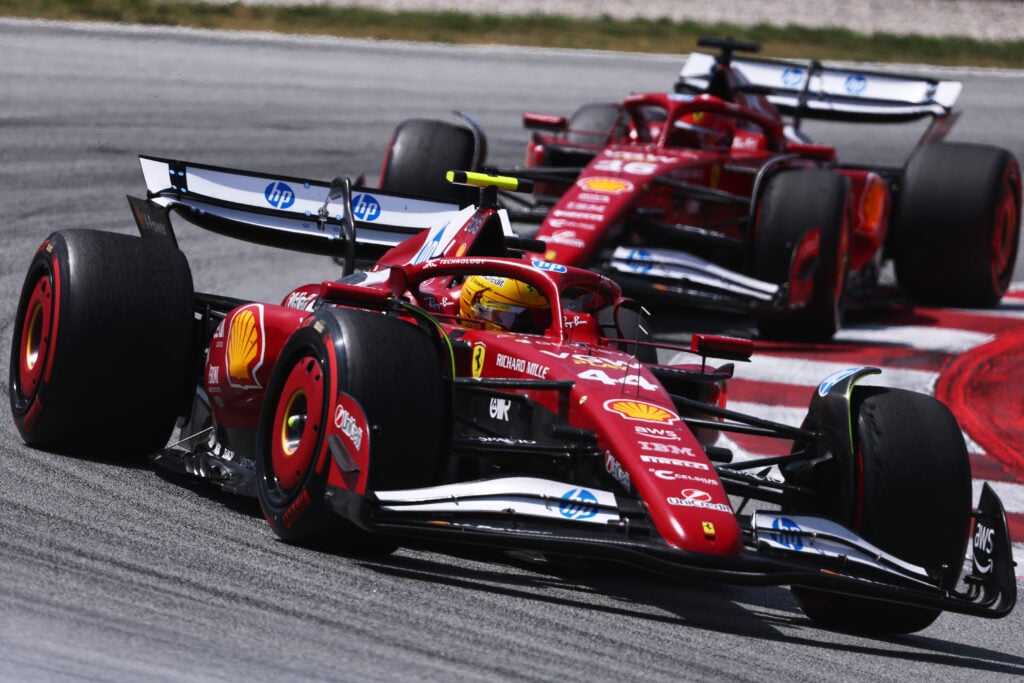 Ferrari drivers Lewis Hamilton and Charles Leclerc on track during the 2025 F1 Spanish Grand Prix