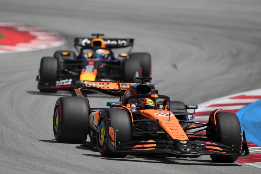 Oscar Piastri leads the Spanish GP from Max Verstappen.