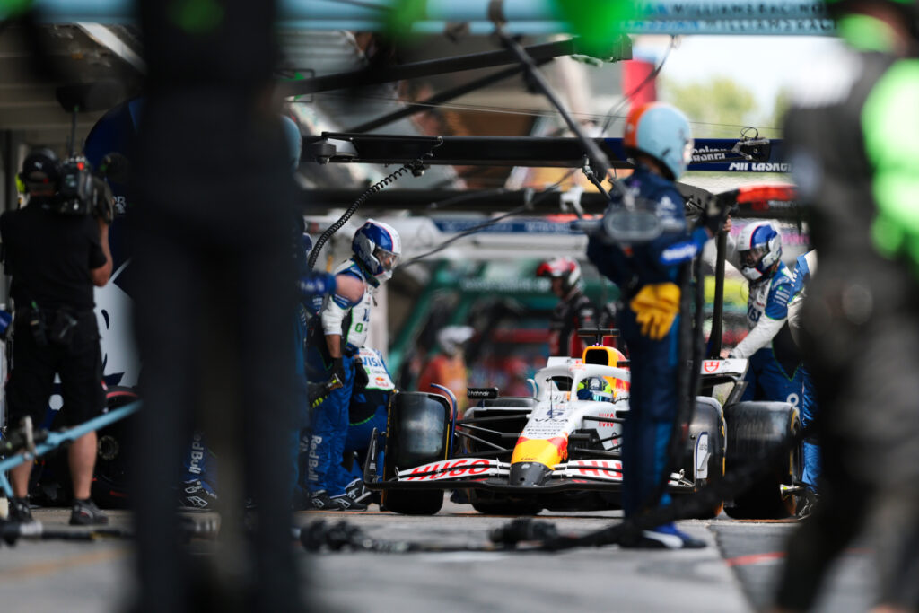 Isack Hadjar in the Racing Bulls pit box at the 2025 Spanish Grand Prix