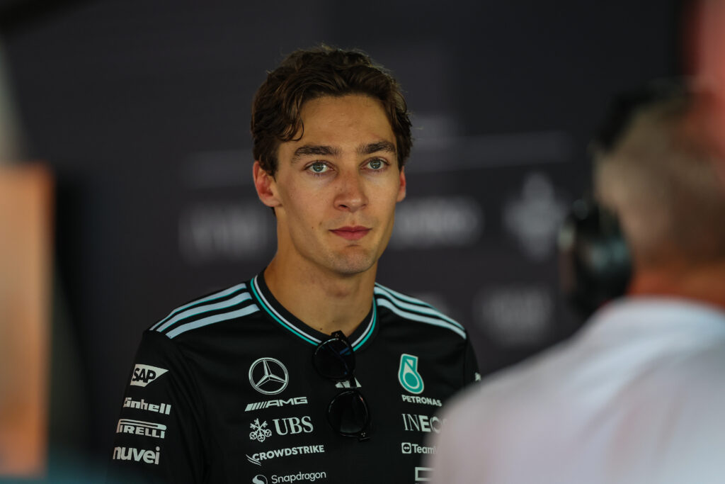 Mercedes driver George Russell in his press conference at the 2025 Spanish Grand Prix