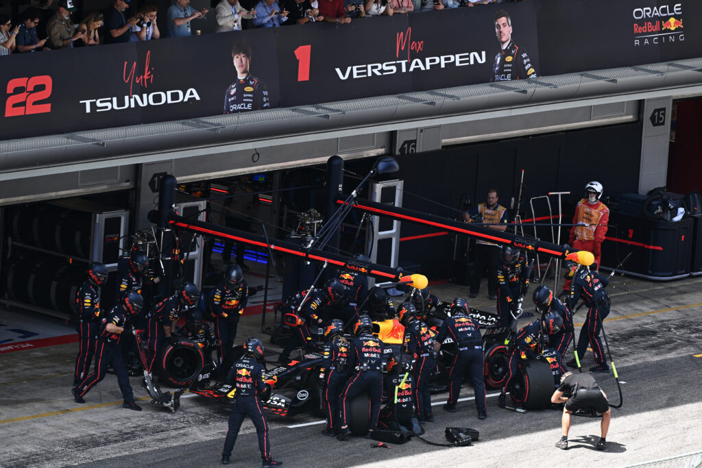 Red Bull driver Max Verstappen makes a pit stop in the 2025 F1 Spanish Grand Prix