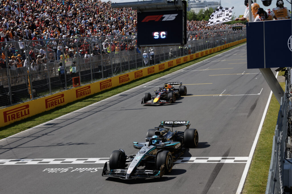 George Russell and Max Verstappen cross the line at the 2025 Canadian Grand Prix
