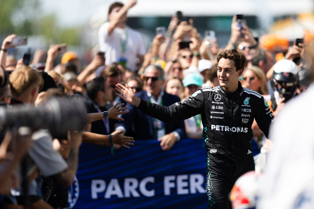 Mercedes driver George Russell celebrates winning the 2025 F1 Canadian Grand Prix