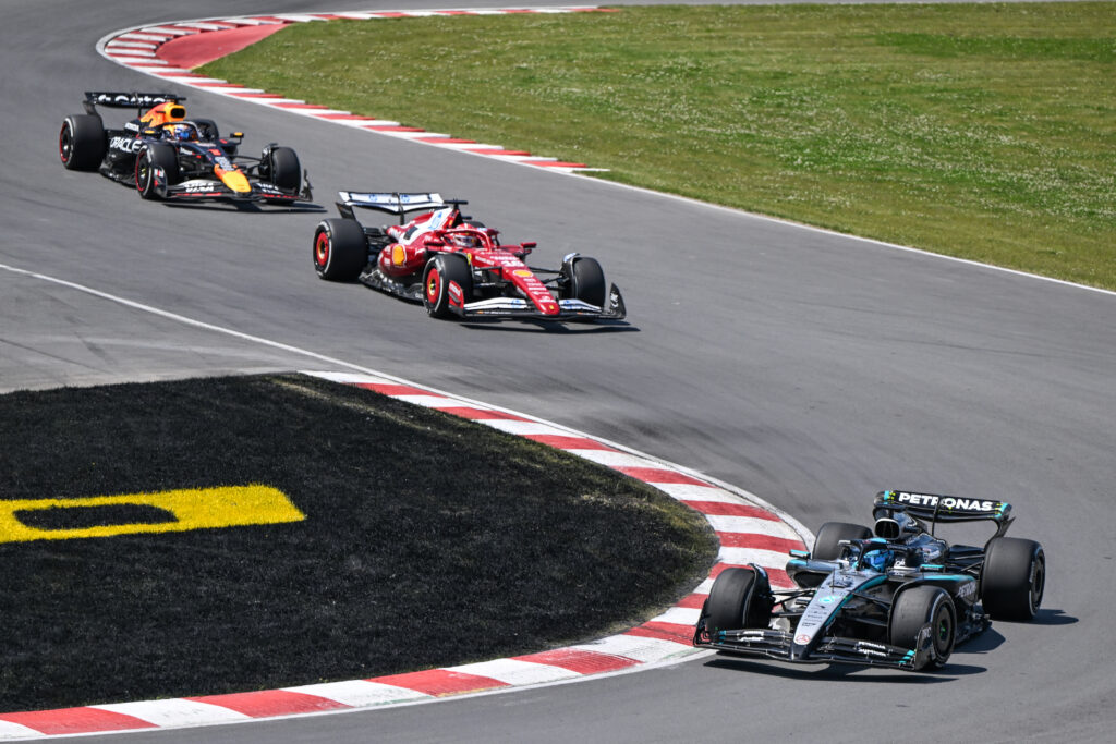 George Russell leads Charles Leclerc and Max Verstappen in 2025 Canadian GP.