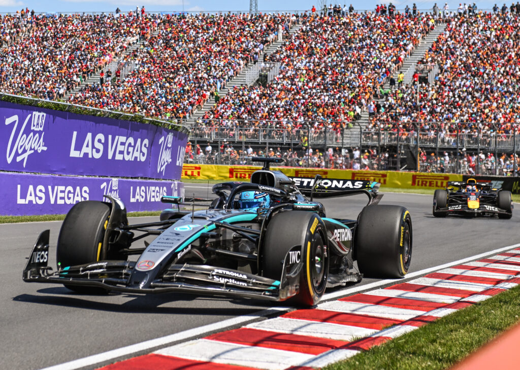 Mercedes driver George Russell racing at the 2025 F1 Canadian Grand Prix