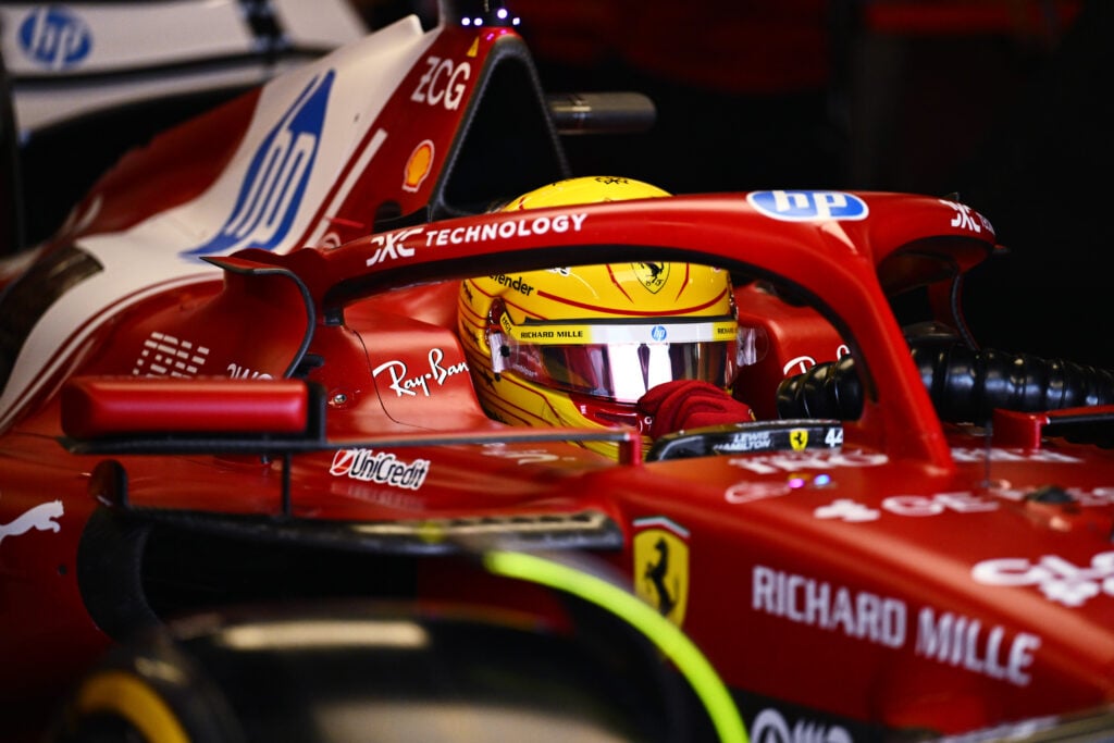 Lewis Hamilton sits in the Ferrari F1 car at the 2025 Canadian Grand Prix