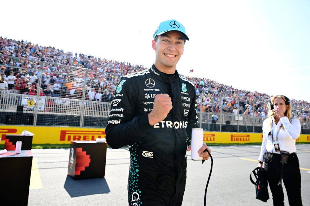 Mercedes driver George Russell celebrates pole position for the 2025 F1 Canadian Grand Prix