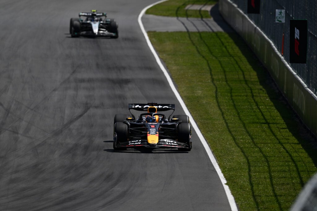 Andrea Kimi Antonelli chases down Max Verstappen in the 2025 Canadian Grand Prix.