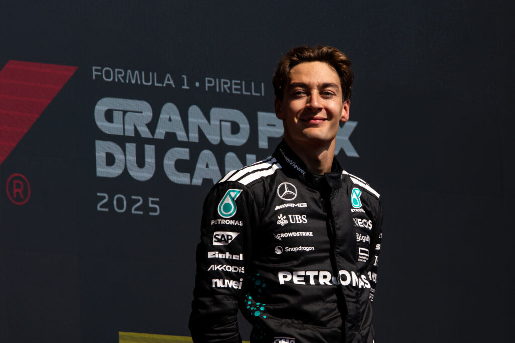 Mercedes driver George Russell celebrates winning the 2025 F1 Canadian Grand Prix