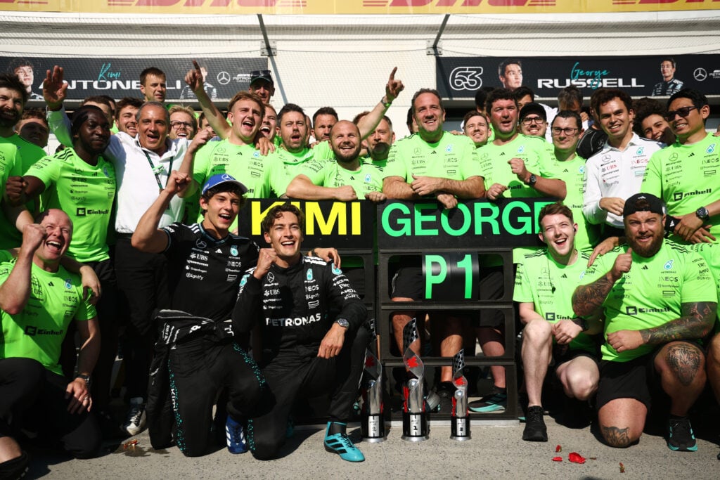 Mercedes drivers George Russell and Andrea Kimi Antonelli celebrate after the 2025 F1 Canadian Grand Prix