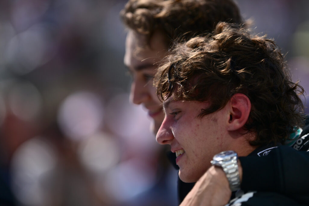 Mercedes drivers George Russell and Andrea Kimi Antonelli on the podium at the 2025 F1 Canadian Grand Prix