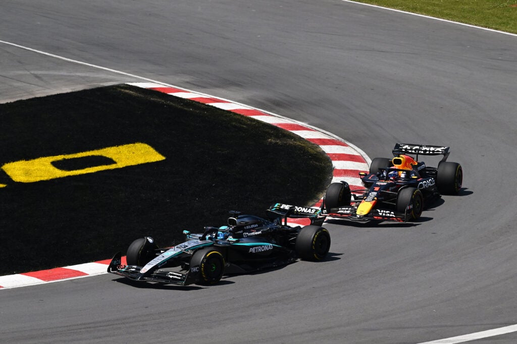 Mercedes driver George Russell and Red Bull Racing driver Max Verstappen at the Canadian Grand Prix