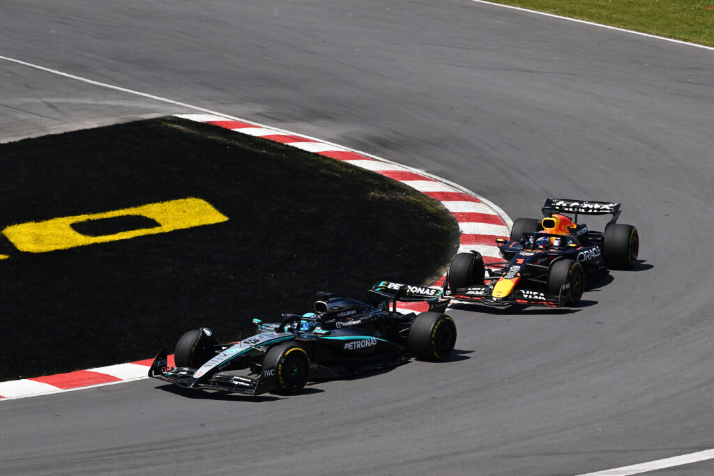 George Russell leads Max Verstappen at the Canadian Grand Prix.