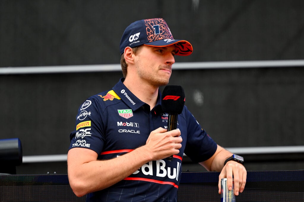Max Verstappen of Red Bull speaks in the F1 fan zone at the 2025 Austrian Grand Prix
