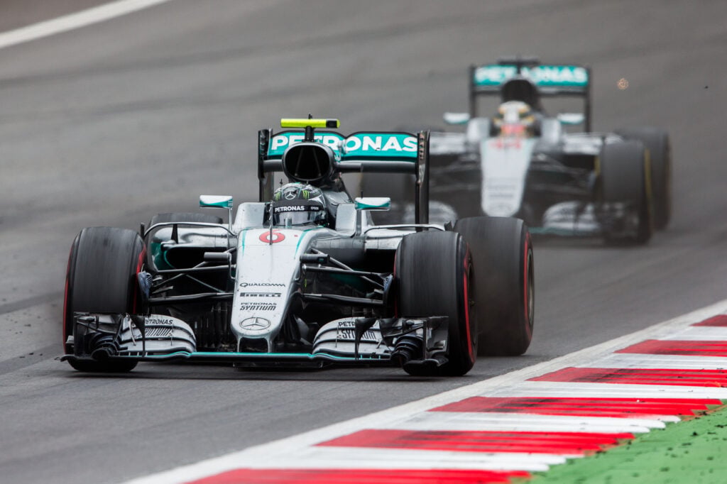 Nico Rosberg leads Lewis Hamilton in the 2016 Austrian GP.