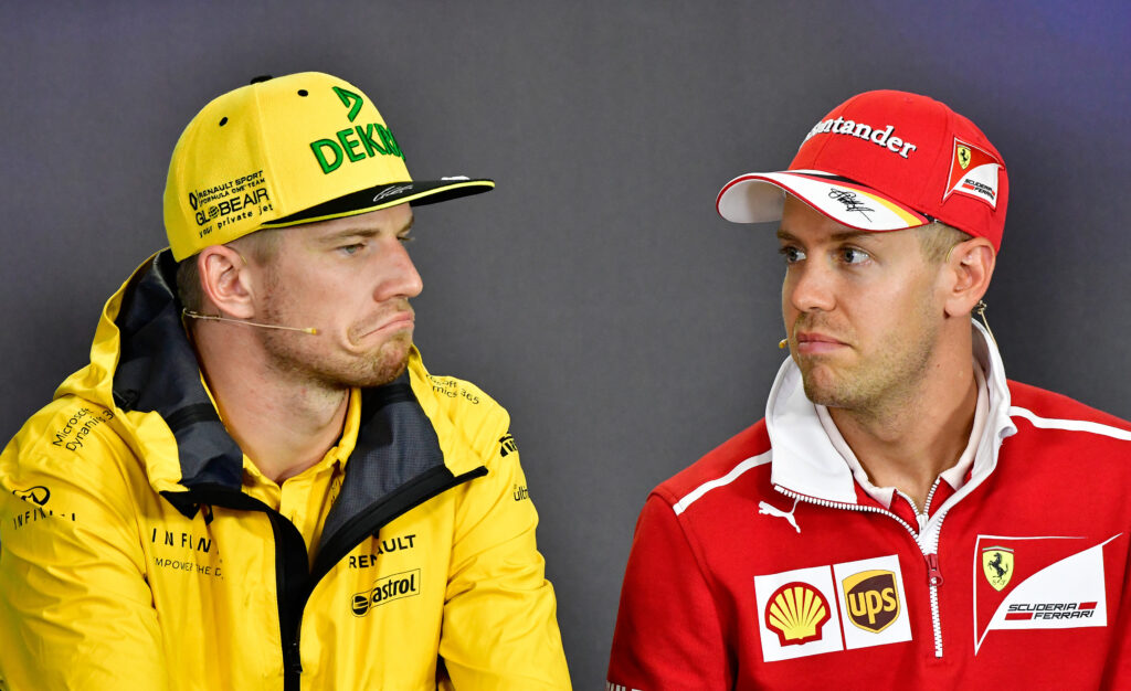 Nico Hulkenberg and Sebastian Vettel in a Formula 1 press conference during the 2017 Formula 1 season