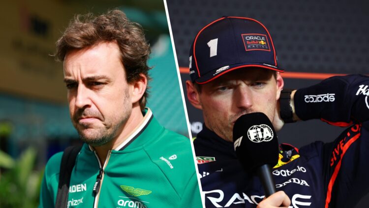 Split image of Aston Martin driver Fernando Alonso (L) and Red Bull driver Max Verstappen (R)