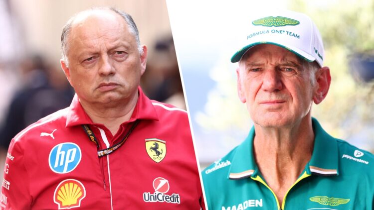 Fred Vasseur of Ferrari walks in the F1 paddock (L); Adrian Newey of Aston Martin (R) looks on