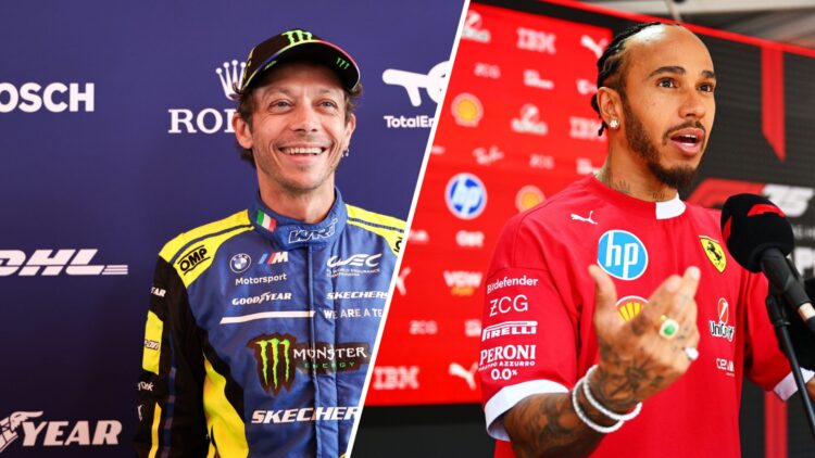 Lewis Hamilton of Ferrari during the 2025 Monaco Grand Prix weekend and Valentino Rossi of Team WRT BMW at the 2025 24 Hours of Le Mans