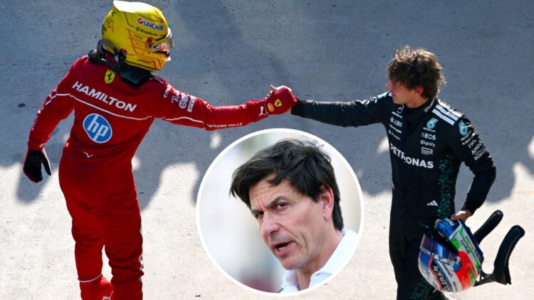 Lewis Hamilton and Kimi Antonelli shake hands at the 2025 Chinese Grand Prix, inset Toto Wolff