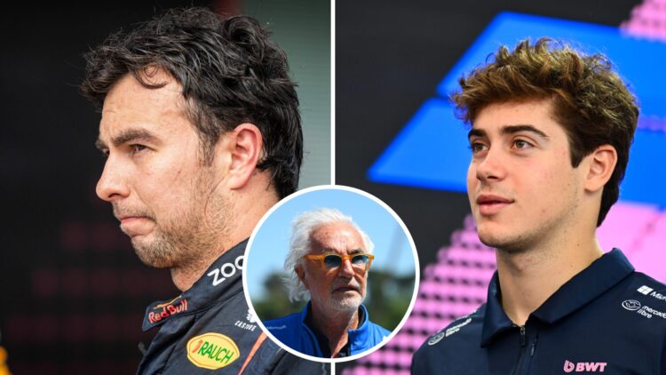 Split image of Sergio Perez (L) Emilia Romagna Grand Prix and Franco Colapinto (R), inset Flavio Briatore