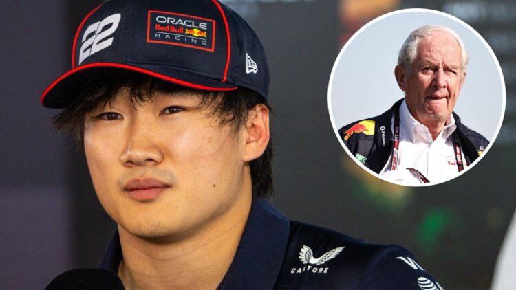 Red Bull driver Yuki Tsunoda speaks to the media after qualifying for the 2025 F1 Spanish Grand Prix and motorsport adivser Helmut Marko arrives in...