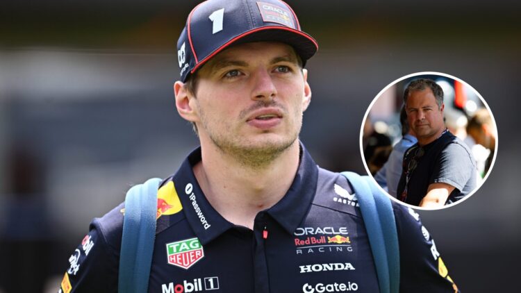 Max Verstappen of Red Bull looks on in the F1 paddock; inset shows Ted Kravitz