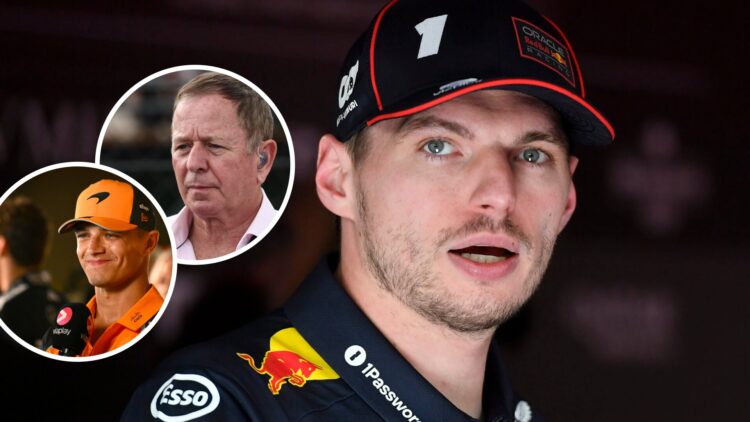 Max Verstappen of Red Bull speaks in an interview; insets show Martin Brundle and Lando Norris