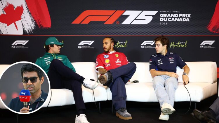 Lance Stroll of Aston Martin, Lewis Hamilton of Ferrari and Franco Colapinto of Alpine in a press conference; inset of Karun Chandhok