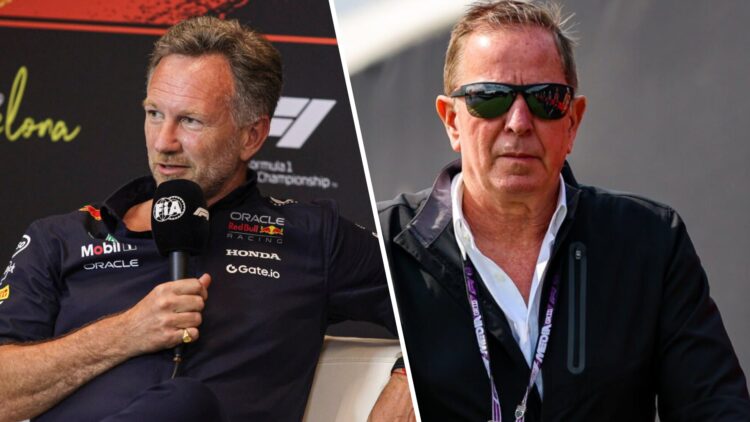 Christian Horner of Red Bull in a press conference (L); Martin Brundle walks in the F1 paddock (R)