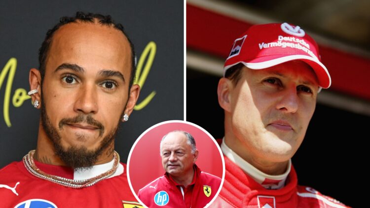 Lewis Hamilton of Ferrari in a press conference (L); Michael Schumacher looks on (R); inset shows Fred Vasseur