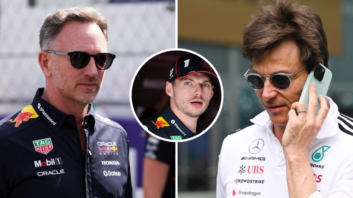 Christian Horner of Red Bull on the F1 grid (L); Toto Wolff of Mercedes on the phone (R); inset of Max Verstappen