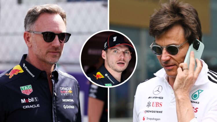 Christian Horner of Red Bull on the F1 grid (L); Toto Wolff of Mercedes on the phone (R); inset of Max Verstappen