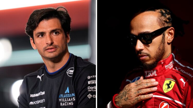 Carlos Sainz of Williams looks on (L); Lewis Hamilton of Ferrari stands in the garage